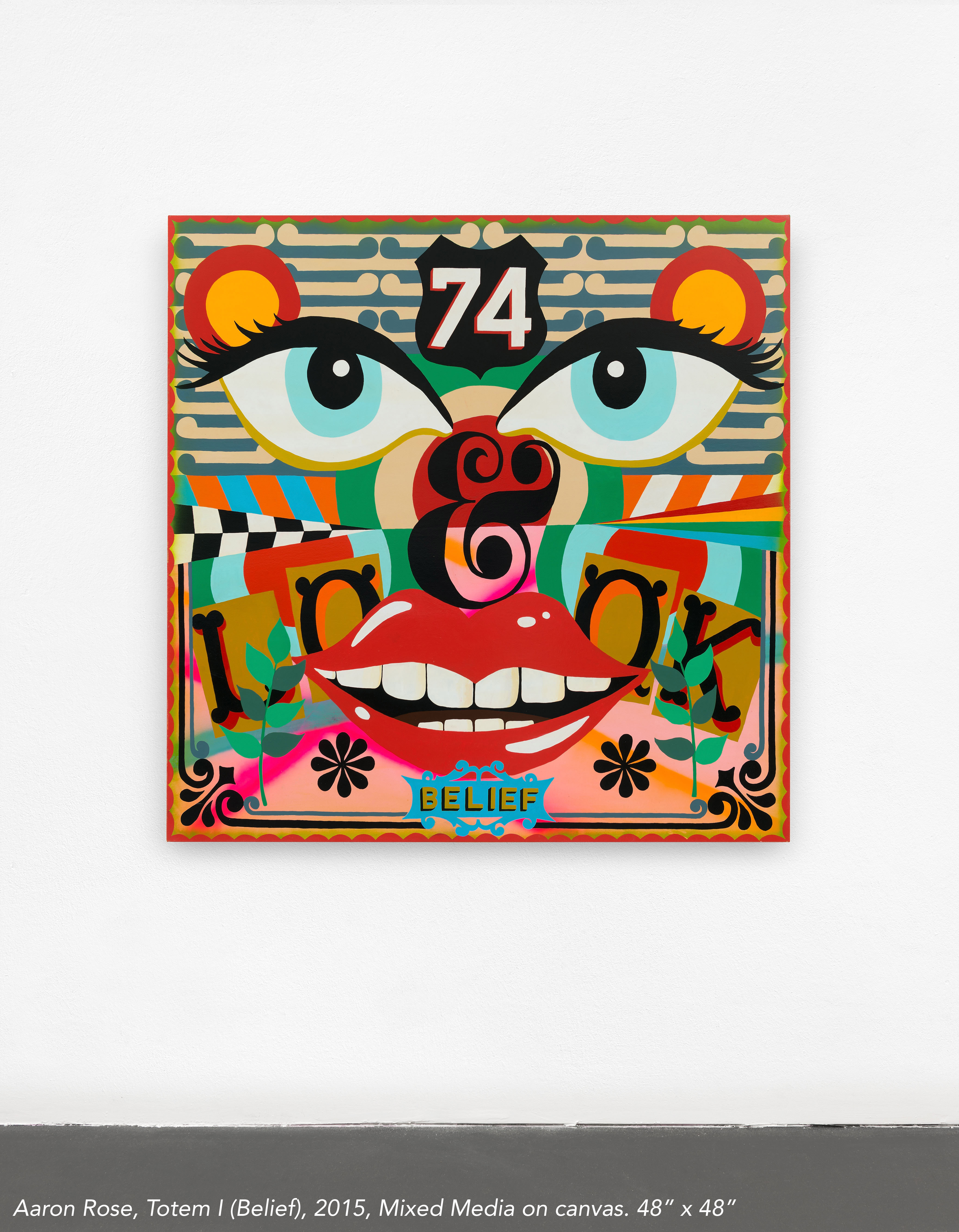 Aaron Rose, Totem I (Belief), 2015, Mixed Media on canvas. 48” x 48”